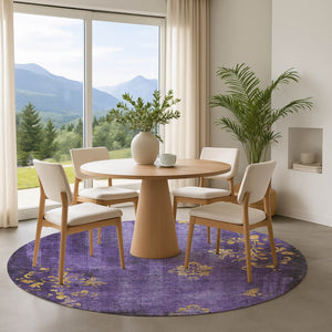 HomeRoots 8' Purple and Gold Floral Round Rug – Washable, UV Protected, Stain Resistant for Indoor and Outdoor Use 701422
