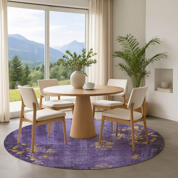 HomeRoots 8' Purple and Gold Floral Round Rug – Washable, UV Protected, Stain Resistant for Indoor and Outdoor Use 701422