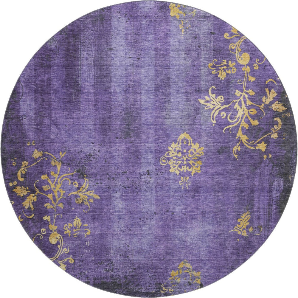 HomeRoots 8' Purple and Gold Floral Round Rug – Washable, UV Protected, Stain Resistant for Indoor and Outdoor Use 701422