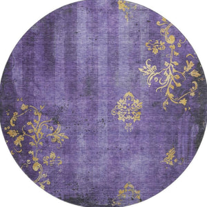HomeRoots 8' Purple and Gold Floral Round Rug – Washable, UV Protected, Stain Resistant for Indoor and Outdoor Use 701422