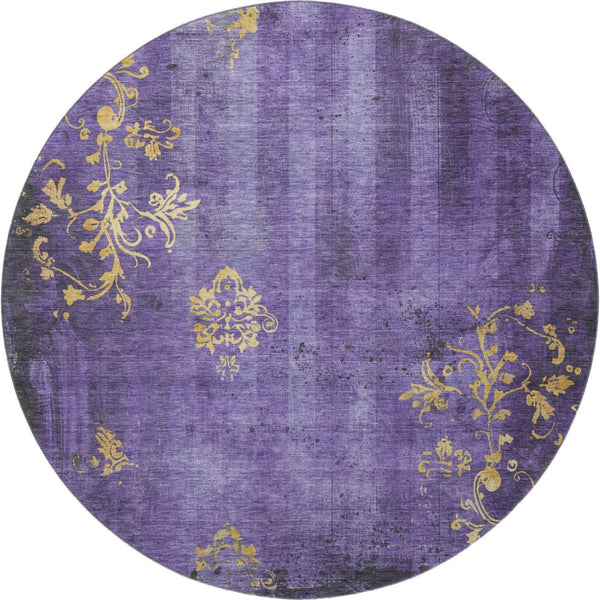 HomeRoots 8' Purple and Gold Floral Round Rug – Washable, UV Protected, Stain Resistant for Indoor and Outdoor Use 701422