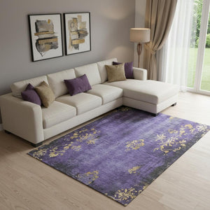 HomeRoots 9' X 12' Stunning Purple and Gold Floral Area Rug - Washable, UV Protected, Stain Resistant, Durable 701424