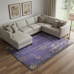 HomeRoots 10' X 14' Purple and Gold Floral Area Rug - Washable, UV Protected, Stylish & Durable for Busy Homes 701425