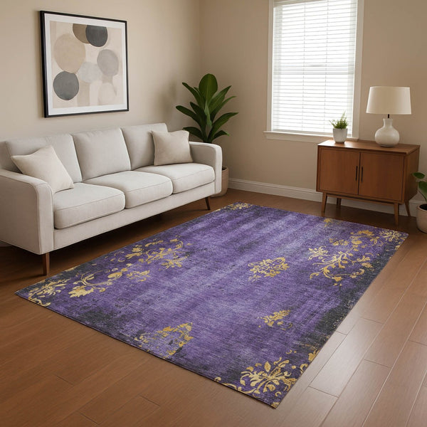 HomeRoots 10' X 14' Purple and Gold Floral Area Rug - Washable, UV Protected, Stylish & Durable for Busy Homes 701425
