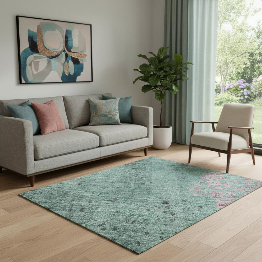 HomeRoots 5' X 8' Washable Floral Area Rug in Pale Aqua and Burgundy - Durable, UV-Protected, Stylish Design 701427