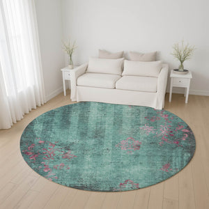 HomeRoots 8' Oversized Pale Aqua & Burgundy Floral Round Rug – Stain Resistant, UV Protected & Non-Slip! 701428