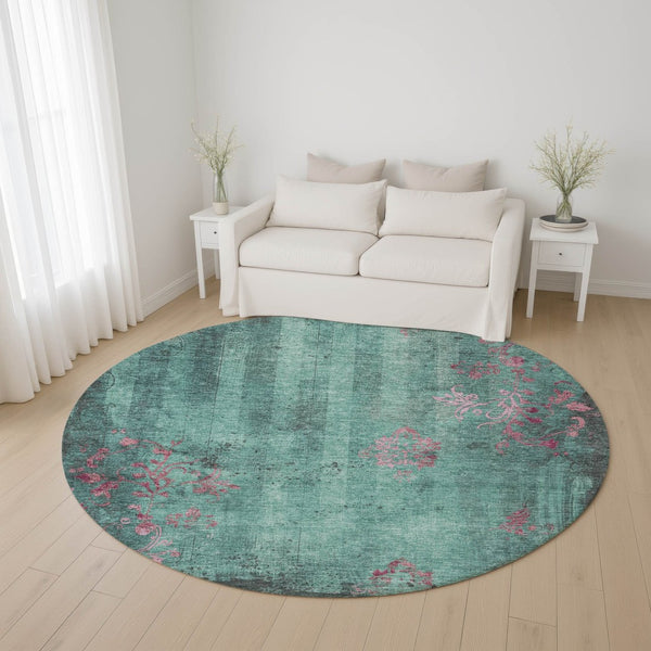 HomeRoots 8' Oversized Pale Aqua & Burgundy Floral Round Rug – Stain Resistant, UV Protected & Non-Slip! 701428