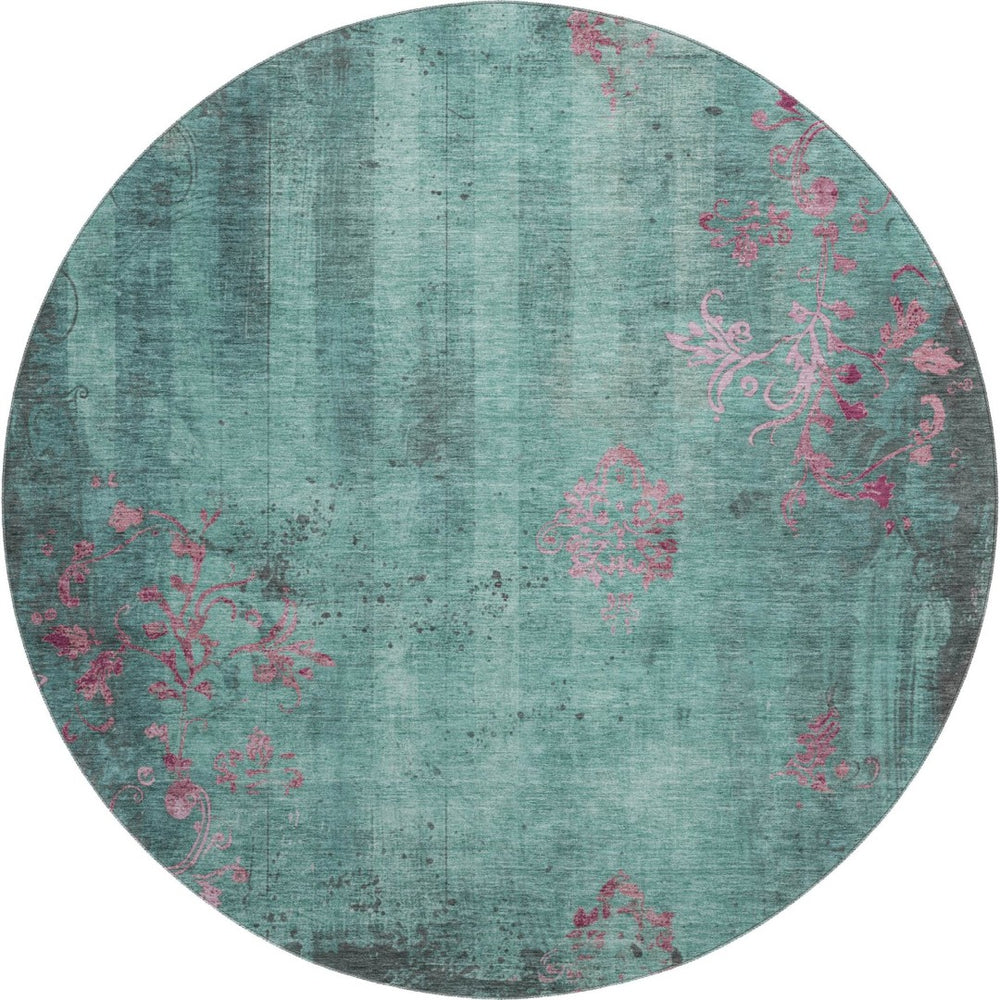 HomeRoots 8' Oversized Pale Aqua & Burgundy Floral Round Rug – Stain Resistant, UV Protected & Non-Slip! 701428