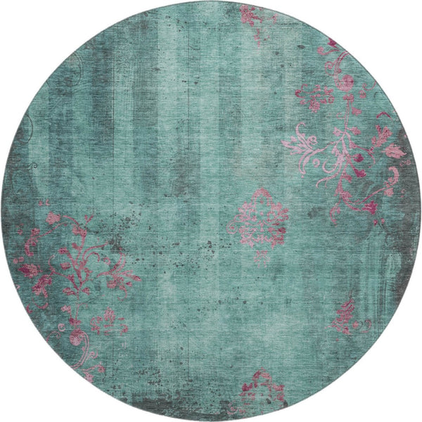 HomeRoots 8' Oversized Pale Aqua & Burgundy Floral Round Rug – Stain Resistant, UV Protected & Non-Slip! 701428