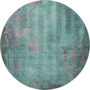 HomeRoots 8' Oversized Pale Aqua & Burgundy Floral Round Rug – Stain Resistant, UV Protected & Non-Slip! 701428