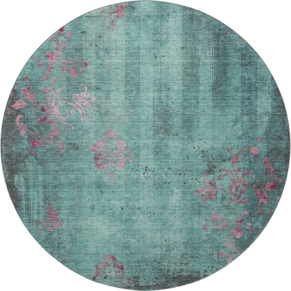 HomeRoots 8' Oversized Pale Aqua & Burgundy Floral Round Rug – Stain Resistant, UV Protected & Non-Slip! 701428