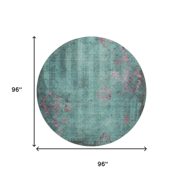 HomeRoots 8' Oversized Pale Aqua & Burgundy Floral Round Rug – Stain Resistant, UV Protected & Non-Slip! 701428