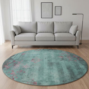 HomeRoots 8' Oversized Pale Aqua & Burgundy Floral Round Rug – Stain Resistant, UV Protected & Non-Slip! 701428