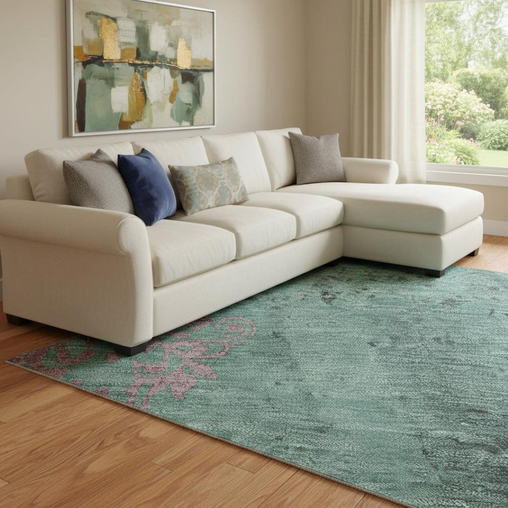 HomeRoots 8' X 10' Elegant Pale Aqua & Burgundy Floral Washable Area Rug with UV Protection & Non-Slip Backing 701429