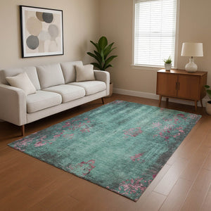 HomeRoots 10' Pale Aqua & Burgundy Floral Washable Area Rug - UV Protected, Stain-Resistant, Non-Slip Design 701431