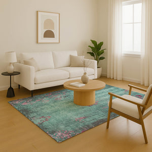HomeRoots 10' Pale Aqua & Burgundy Floral Washable Area Rug - UV Protected, Stain-Resistant, Non-Slip Design 701431