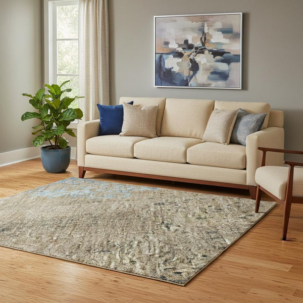 HomeRoots 5' X 8' Durable Taupe and Blue Floral Washable Area Rug with UV Protection for Kids and Pets 701433