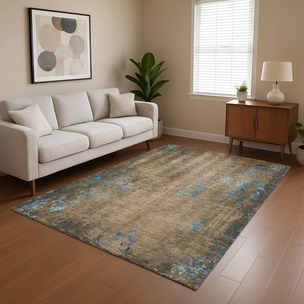 HomeRoots 5' X 8' Durable Taupe and Blue Floral Washable Area Rug with UV Protection for Kids and Pets 701433