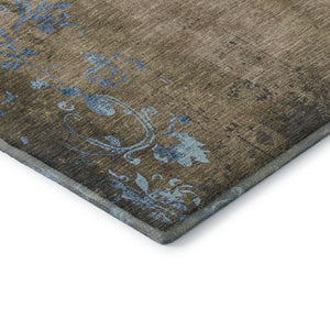 HomeRoots 5' X 8' Durable Taupe and Blue Floral Washable Area Rug with UV Protection for Kids and Pets 701433