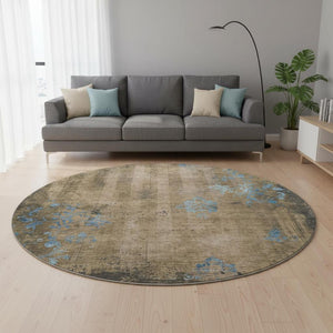 HomeRoots 8' Taupe and Blue Floral Round Rug - Washable, UV Protected, Durable Design for Homes with Kids & Pets 701434