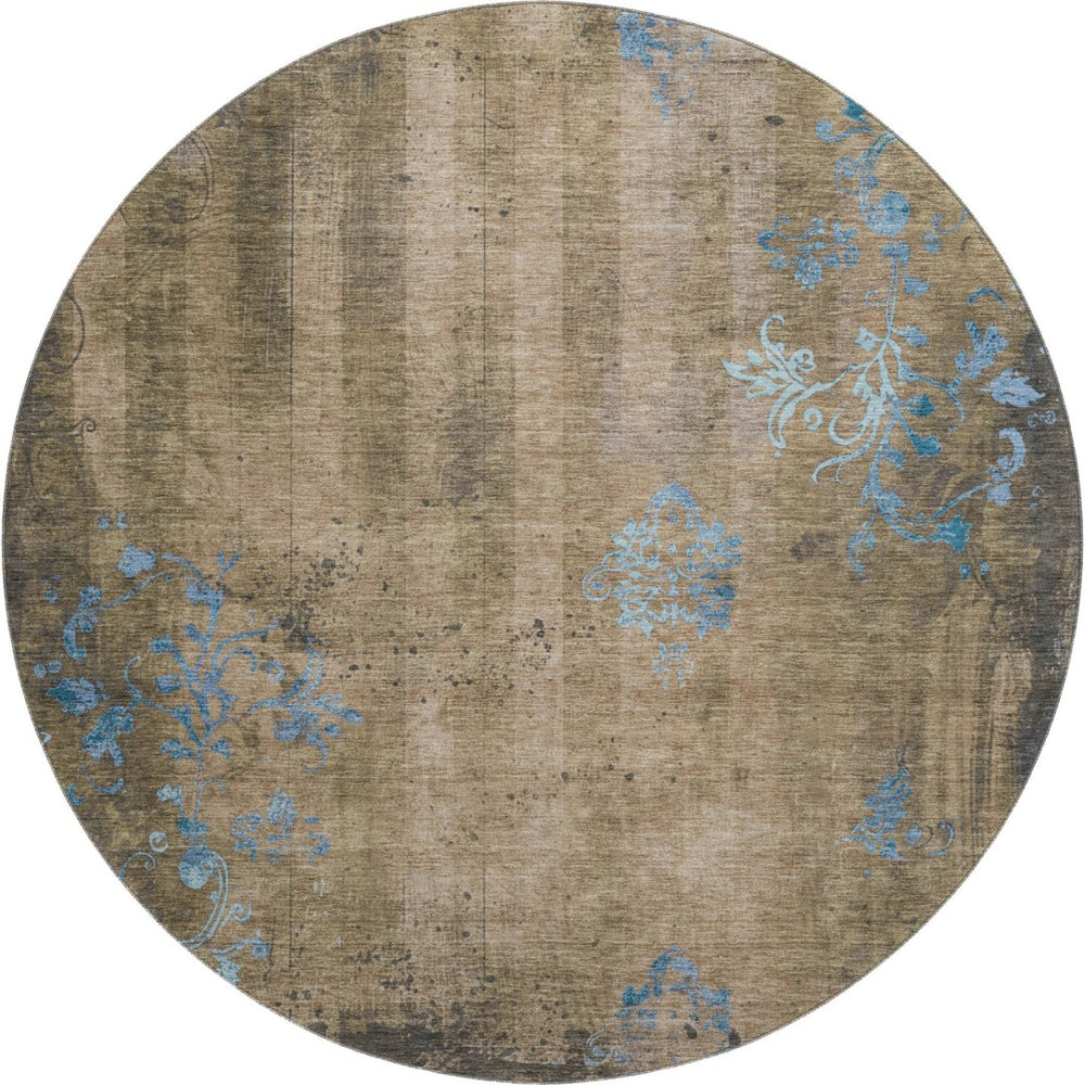 HomeRoots 8' Taupe and Blue Floral Round Rug - Washable, UV Protected, Durable Design for Homes with Kids & Pets 701434