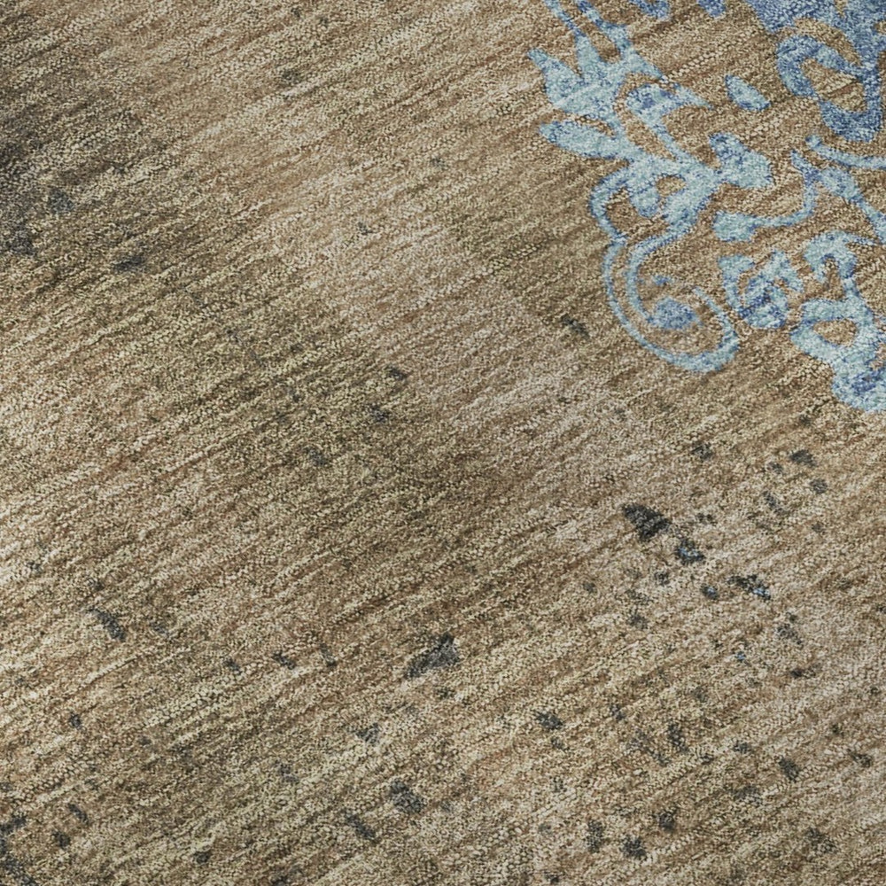 HomeRoots 8' X 10' Floral Area Rug in Taupe and Blue – Washable, UV-Resistant, Perfect for Busy Homes! 701435