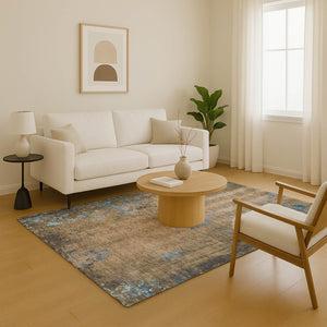 HomeRoots 9' X 12' Durable Taupe and Blue Floral Area Rug - Washable, UV-Protected, Perfect for High Traffic Spaces 701436