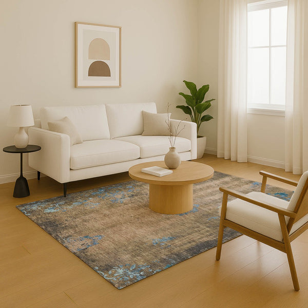 HomeRoots 9' X 12' Durable Taupe and Blue Floral Area Rug - Washable, UV-Protected, Perfect for High Traffic Spaces 701436