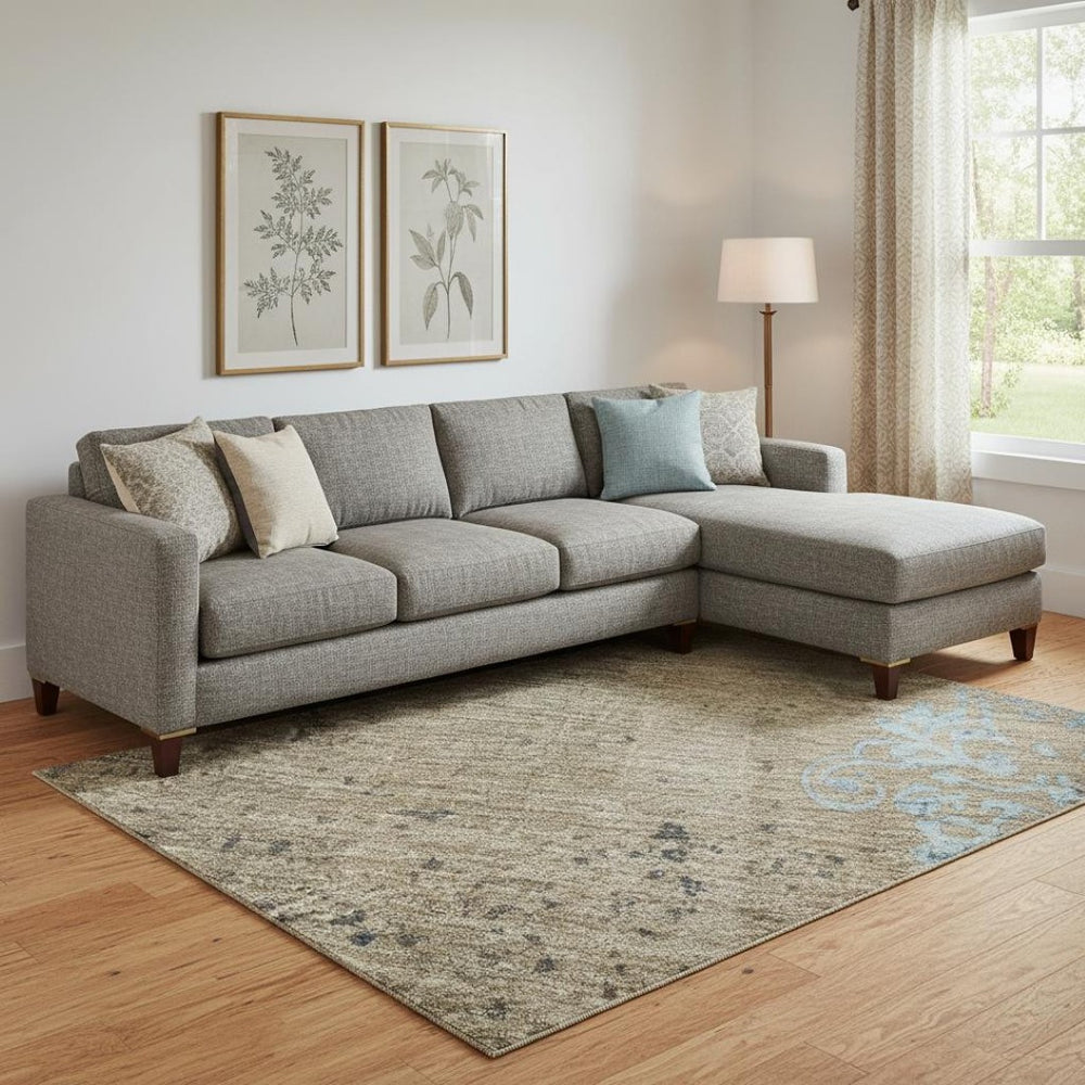 HomeRoots 10' X 14' Taupe and Blue Floral Area Rug – Durable, Washable, UV-Protected for Family-Friendly Spaces 701437