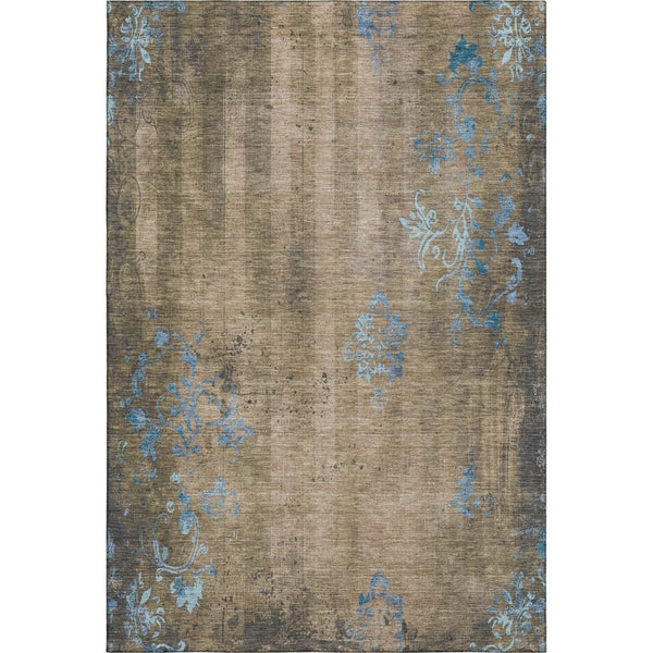HomeRoots 10' X 14' Taupe and Blue Floral Area Rug – Durable, Washable, UV-Protected for Family-Friendly Spaces 701437