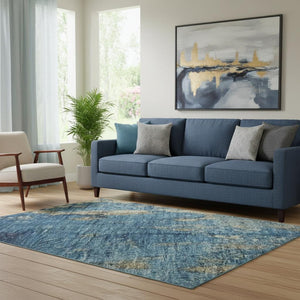 HomeRoots 5' X 8' Blue and Gold Abstract Washable Area Rug - Durable, UV Protected, and Stain Resistant Design! 701439