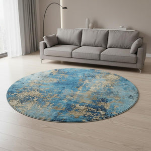 HomeRoots 8' Blue and Gold Abstract Round Rug – Washable, UV-Protected, Durable Design for High-Traffic Areas 701440