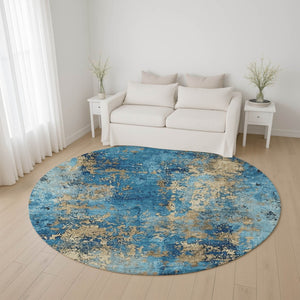 HomeRoots 8' Blue and Gold Abstract Round Rug – Washable, UV-Protected, Durable Design for High-Traffic Areas 701440