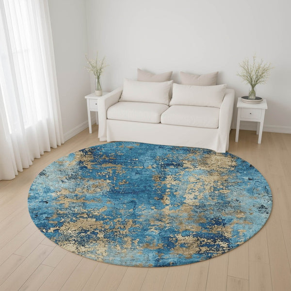 HomeRoots 8' Blue and Gold Abstract Round Rug – Washable, UV-Protected, Durable Design for High-Traffic Areas 701440