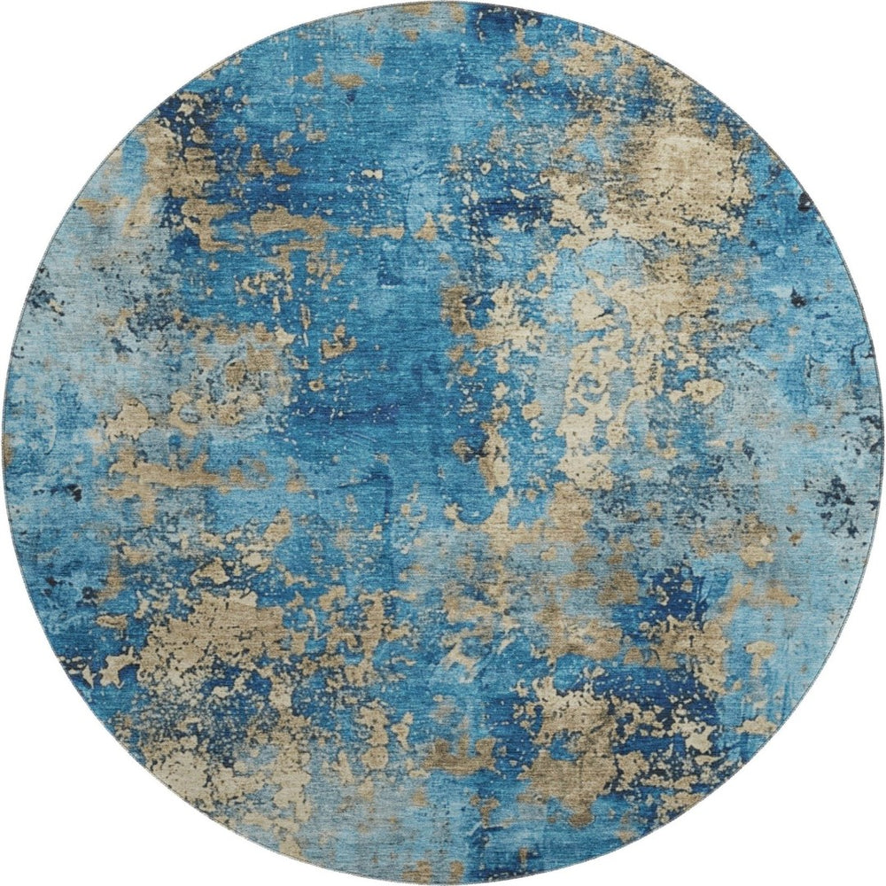 HomeRoots 8' Blue and Gold Abstract Round Rug – Washable, UV-Protected, Durable Design for High-Traffic Areas 701440