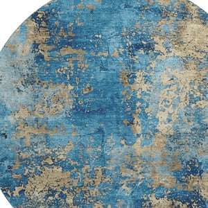 HomeRoots 8' Blue and Gold Abstract Round Rug – Washable, UV-Protected, Durable Design for High-Traffic Areas 701440