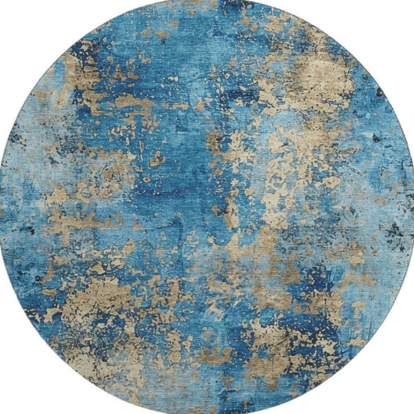 HomeRoots 8' Blue and Gold Abstract Round Rug – Washable, UV-Protected, Durable Design for High-Traffic Areas 701440