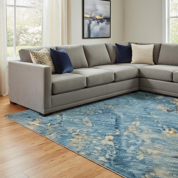 HomeRoots 8' X 10' Blue and Gold Abstract Washable Area Rug - Stylish, Stain Resistant, UV Protected for Homes 701441