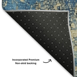 HomeRoots 8' X 10' Blue and Gold Abstract Washable Area Rug - Stylish, Stain Resistant, UV Protected for Homes 701441