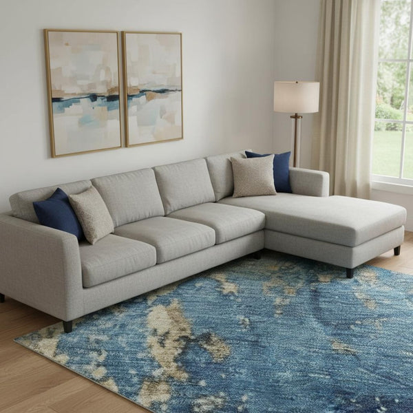 HomeRoots 10' Blue and Gold Abstract Washable Area Rug - Durable, UV-Protected, Perfect for Living Spaces! 701443
