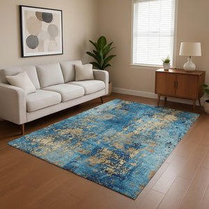 HomeRoots 10' Blue and Gold Abstract Washable Area Rug - Durable, UV-Protected, Perfect for Living Spaces! 701443