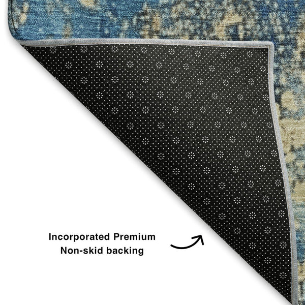 HomeRoots 10' Blue and Gold Abstract Washable Area Rug - Durable, UV-Protected, Perfect for Living Spaces! 701443