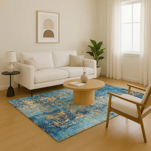 HomeRoots 10' Blue and Gold Abstract Washable Area Rug - Durable, UV-Protected, Perfect for Living Spaces! 701443