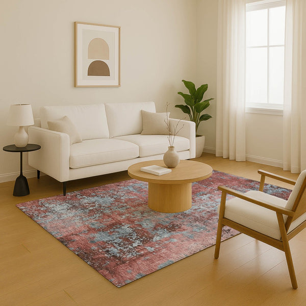 HomeRoots 5' X 8' Coral and Blue Abstract Area Rug - Washable, UV Protected, Durable, and Stylish Home Accent 701445