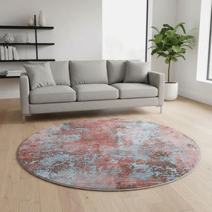HomeRoots 8' Coral and Blue Abstract Round Rug - Washable, UV-Protected, Perfect for Busy Homes & Patios 701446