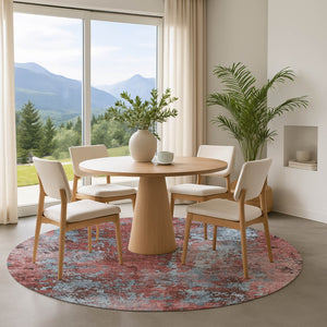 HomeRoots 8' Coral and Blue Abstract Round Rug - Washable, UV-Protected, Perfect for Busy Homes & Patios 701446