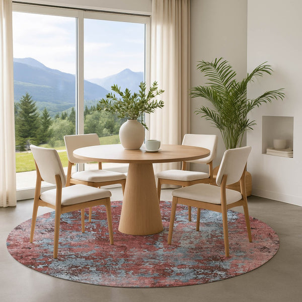 HomeRoots 8' Coral and Blue Abstract Round Rug - Washable, UV-Protected, Perfect for Busy Homes & Patios 701446