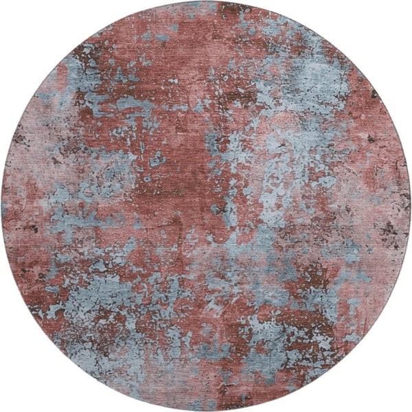 HomeRoots 8' Coral and Blue Abstract Round Rug - Washable, UV-Protected, Perfect for Busy Homes & Patios 701446