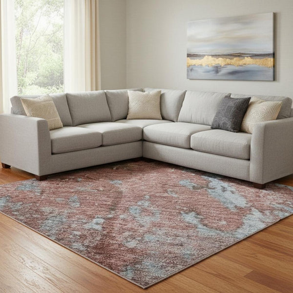HomeRoots 8' X 10' Coral & Blue Abstract Washable Area Rug - Durable, Stain-Resistant, UV Protected Comfort! 701447