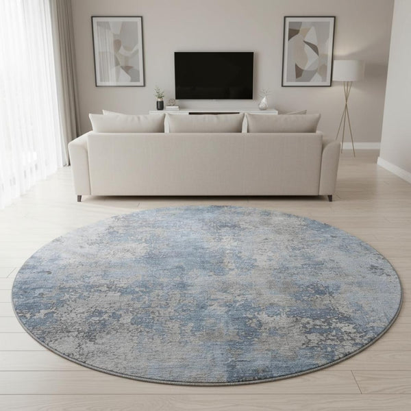 HomeRoots 8' Denim Blue & Gray Abstract Washable Round Rug - Durable, UV-Protected, Modern Design for Homes 701452